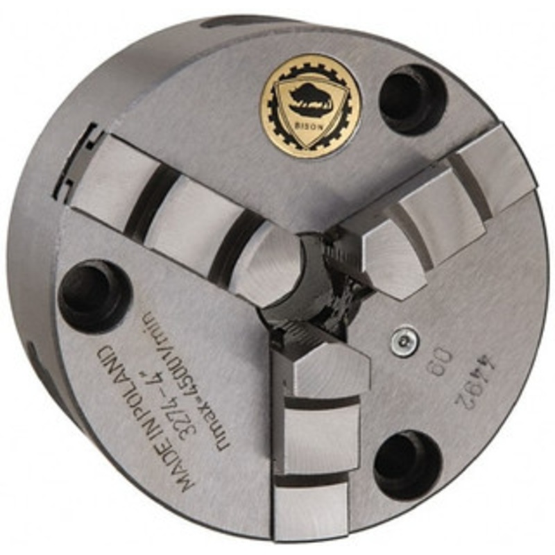 Bison 3 Jaws, 4 Diam, Self Centering Manual Lathe Chuck Front Mount, 0.7874 Through Hole Diam, Cast Iron 7-811-0400 – 08574543