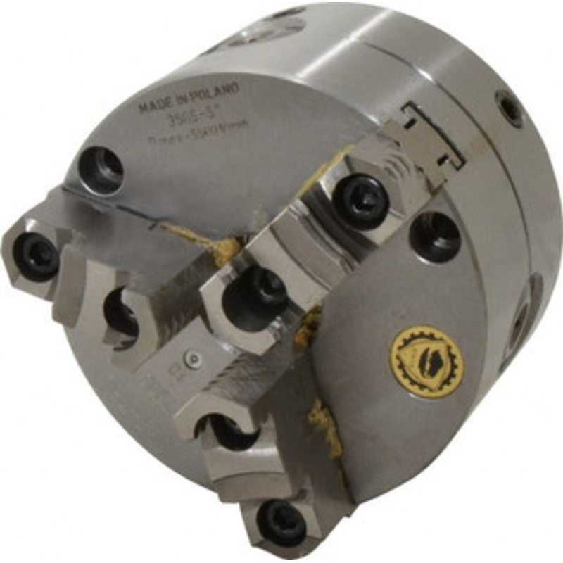 Bison 3 Jaws, 5 Diam, Self Centering Manual Lathe Chuck Front Mount, Adjustable, Reversible, 3,800 Max RPM, 1.378 Through Hole Diam, Forged Steel 7-866-0500 – 08609893