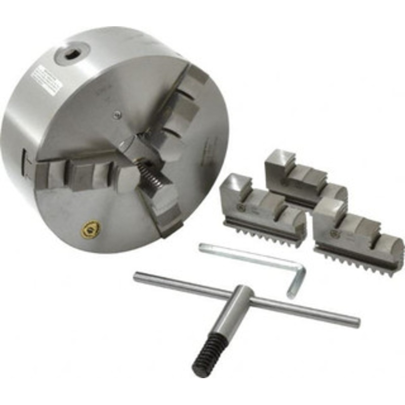 Bison 3 Jaws, 8 Diam, Self Centering Manual Lathe Chuck Plain Back Mount Spindle, 2,500 Max RPM, 2.1653 Through Hole Diam, 0.001 Axial Runout, 0.0016 Radial Runout, Cast Iron 7-810-0800 – 08550089