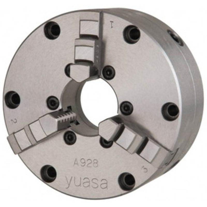 YUASA 3 Jaws, 4 Diam, Self Centering Manual Lathe Chuck Plain Back Mount Spindle, Adjustable, 1.2598 Through Hole Diam, 0.0005 Axial Runout, Cast Iron 585-004 – 08558041