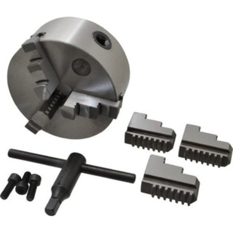 Value Collection 3 Jaws, 5 Diam, Self Centering Manual Lathe Chuck Plain Back Mount Spindle, 1.1811 Through Hole Diam, 0.003 Axial Runout, Cast Iron 429-3005 – 08550725
