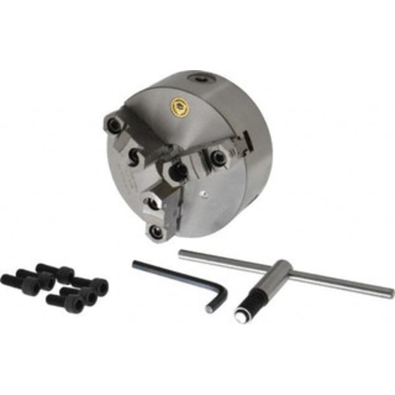 Bison 3 Jaws, 6 Diam, Self Centering Manual Lathe Chuck Plain Back Mount Spindle, Reversible, 3,000 Max RPM, 1.6535 Through Hole Diam, 0.0008 Axial Runout, 0.0012 Radial Runout, Cast Iron 7-800-0600 – 08574063
