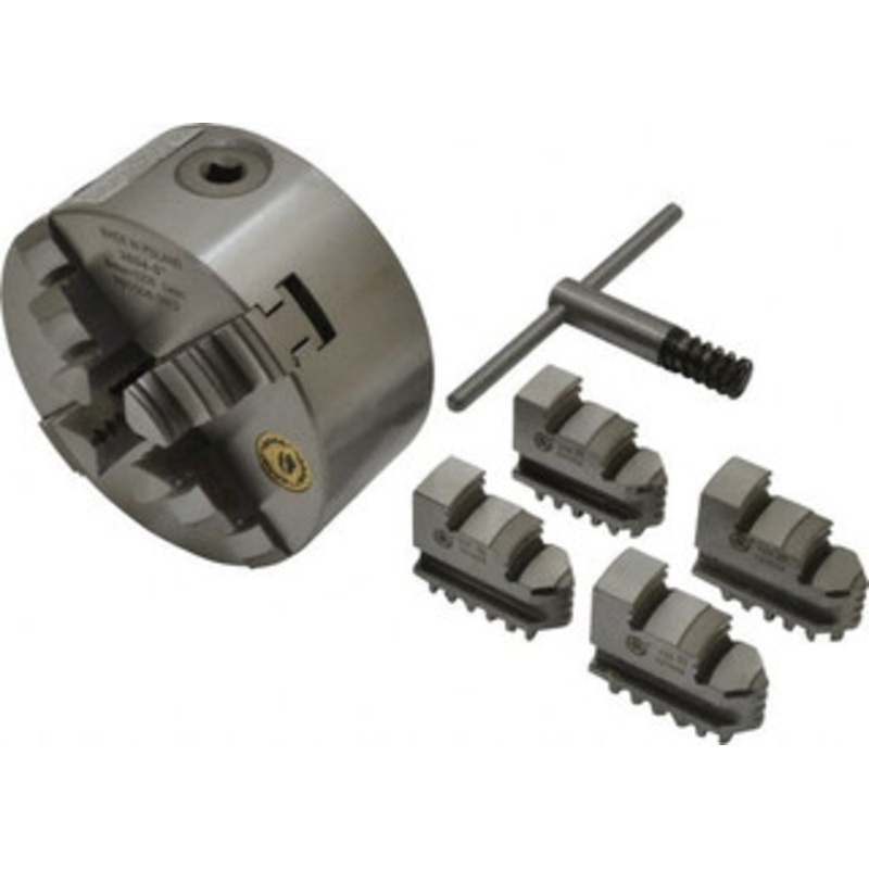 Bison 4 Jaws, 5 Diam, Self Centering Manual Lathe Chuck Plain Back Mount Spindle, 3,200 Max RPM, 9.921 Through Hole Diam, 0.0008 Axial Runout, 0.0012 Radial Runout, Cast Iron 7-845-0500 – 08559056