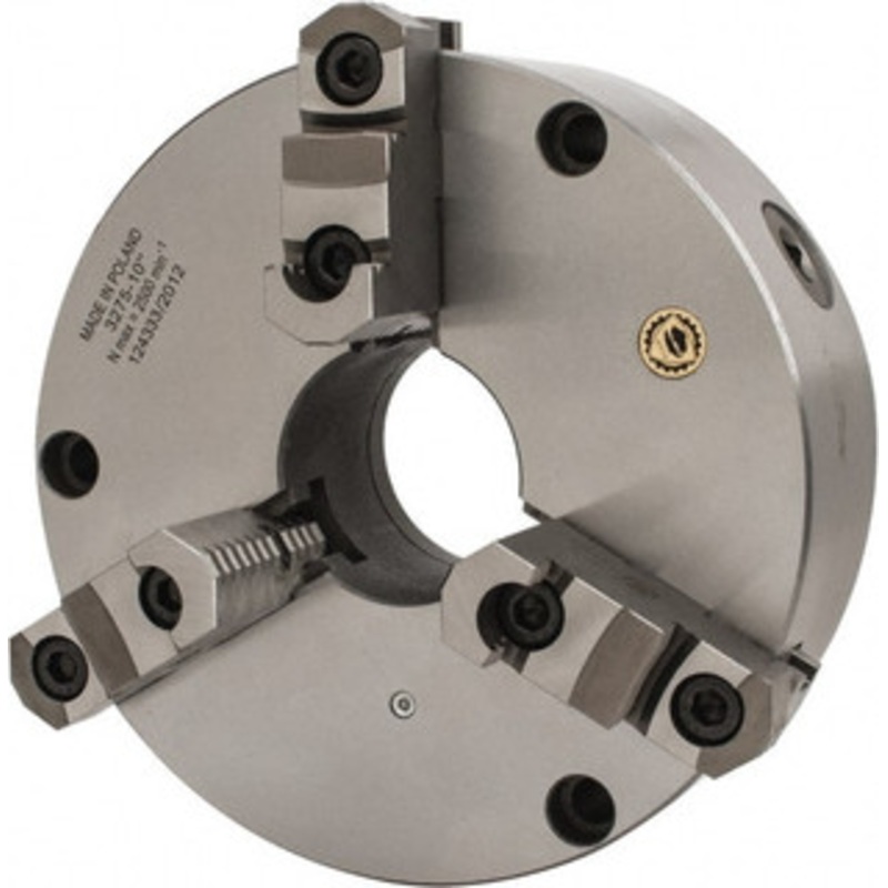 Bison 3 Jaws, 10 Diam, Self Centering Manual Lathe Chuck Front Mount, Reversible, 2.9921 Through Hole Diam, Cast Iron 7-812-1000 – 08574808