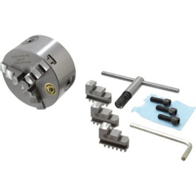 Bison 3 Jaws, 4 Diam, Self Centering Manual Lathe Chuck Plain Back Mount Spindle, 3,500 Max RPM, 0.7874 Through Hole Diam, 0.0006 Axial Runout, 0.0008 Radial Runout, Cast Iron 7-810-0400 – 08550048