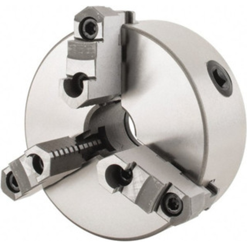 Value Collection 3 Jaws, 6 Diam, Self Centering Manual Lathe Chuck Plain Back Mount Spindle, Reversible, 1.5748 Through Hole Diam, 0.003 Axial Runout, Cast Iron 428-7006 – 08606600