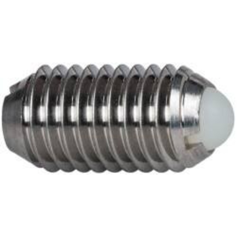 Vlier M10x1.5, 6mm Ball Diam, 19mm Body Length, 2.01mm Max Ball Reach, Threaded Ball Plunger Stainless Steel Body, Nylon Ball, 1.8 Lb Initial End Force, 3.37 Lb Final End Force DSBML10 – 04400032