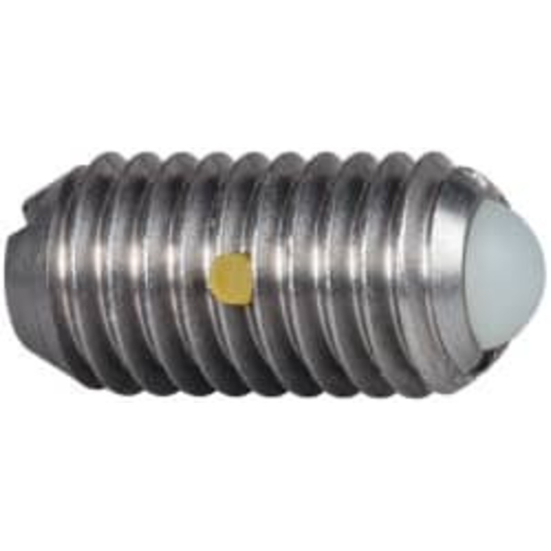 Vlier M8x1.25, 5mm Ball Diam, 16mm Body Length, 1.5mm Max Ball Reach, Threaded Ball Plunger Stainless Steel Body, Nylon Ball, 9 Lb Initial End Force, 13.49 Lb Final End Force, Locking Element DSBMH8N – 04400024