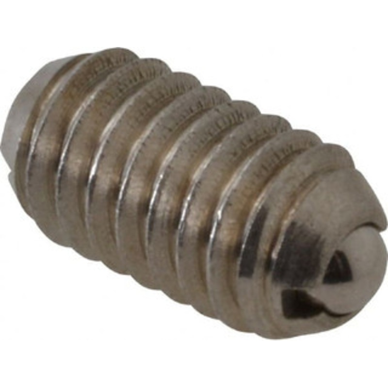 Vlier 5/16-18, 0.156 Ball Diam, 0.578 Body Length, 0.04 Max Ball Reach, Threaded Ball Plunger Stainless Steel Body, Stainless Steel Ball, 2 Lb Initial End Force, 4.25 Lb Final End Force, Locking Element SSBL56N – 62121793