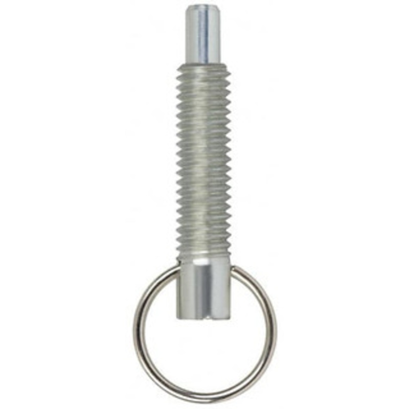Vlier M6x1.0, 0.8 Thread Length, 4mm Plunger Diam, 6.4mm Plunger Projection, 4.4 N Init to 11 N Final End Force, Steel Locking Pull Ring Plunger 20.3mm Len Under Head, 29mm Body Len, 16mm Ring Diam, 1.1 Plunger Len PRM6P – 87881942