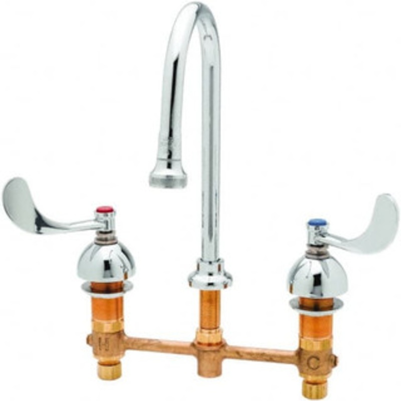 T&S Brass Faucet Mount, Deck Mount Faucet without Spray Two Handle, Wrist Blade Handle, Spread Rigid Gooseneck Spout, No Drain B-2865-04 – 32074064