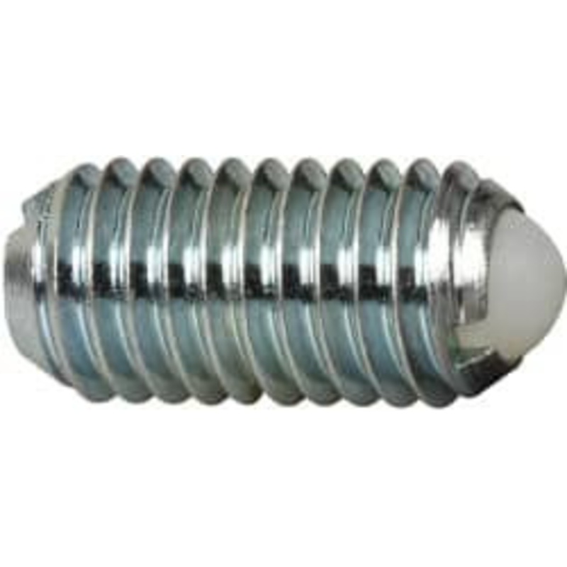 Vlier M8x1.25, 5mm Ball Diam, 16mm Body Length, 1.5mm Max Ball Reach, Threaded Ball Plunger Steel Body, Nylon Ball, 1.12 Lb Initial End Force, 2.25 Lb Final End Force, Locking Element DBML8AN – 04399846