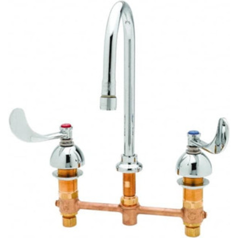 T&S Brass Faucet Mount, Deck Mount Faucet without Spray Two Handle, Wrist Blade Handle, Spread Rigid Gooseneck Spout, No Drain B-2867-04 – 32074015