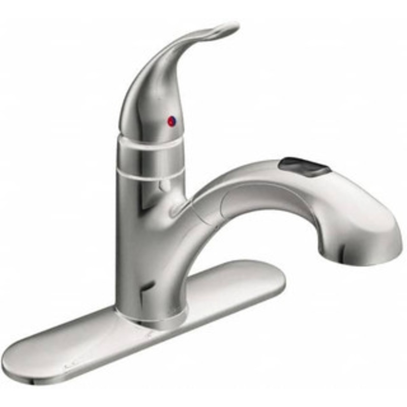 Moen 3 Hole Mount, Low Arc Commercial Faucet One Handle, Pull Lever Handle, Pullout Spout, No Drain 67315C – 70331699