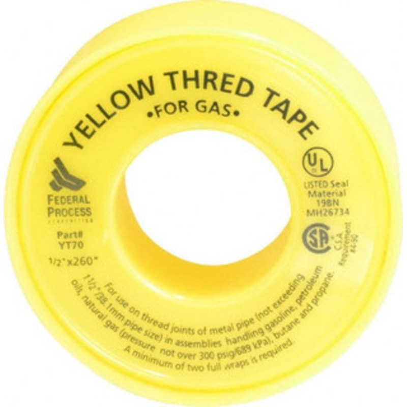Federal Process 1/2 Wide x 260 Long Gas Pipe Repair Tape 3.8 mil Thick, -450 to 550F, Yellow YT70 – 82722596