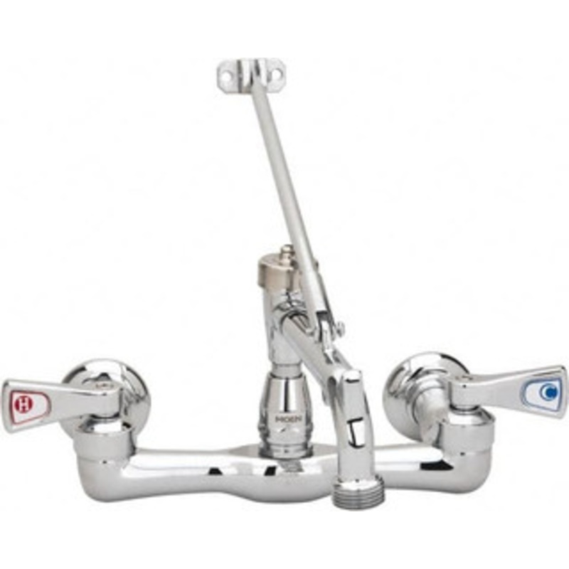 Moen Standard with Hose Thread, Two Handle Design, Chrome, Wall Mount, Industrial Service Sink Faucet 5-7/8 Inch Spout, Cross Style Handle 8124 – 71212609